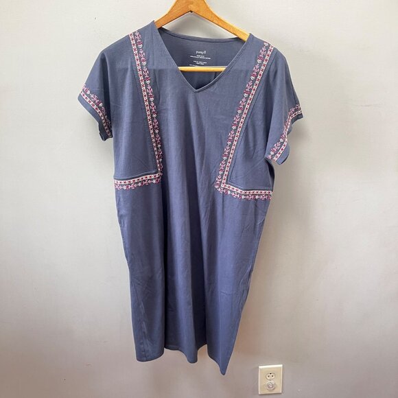 Pure Jill‎ Womens Organic Cotton Embroidered Navy V-Neck T-Shirt Dress Size S - Picture 1 of 4